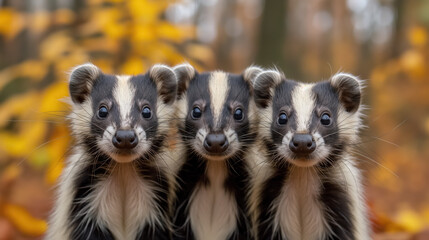 Fototapeta premium Three skunks standing close together in an autumn forest, creating a cute and curious scene with vibrant yellow leaves in the background.