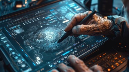 Obraz premium Close-up of a digital artist using a high-resolution pen display to create concept art for a futuristic video game