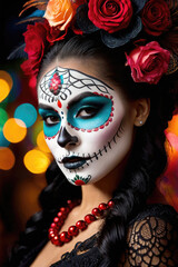 beautiful woman with painted skull on her face for Mexico's Day of the Dead