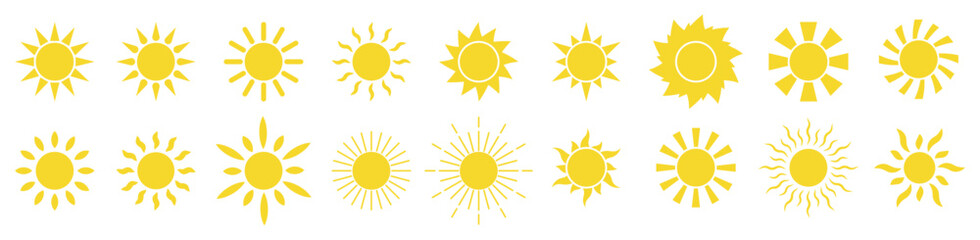 Sun icon set. Yellow sun icons. Sunburst set. Sunset icon collection. Vector illustration