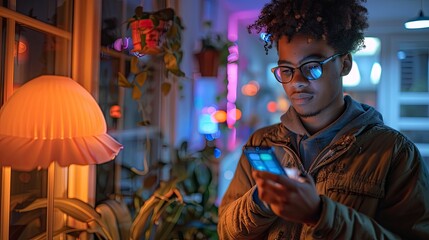 Obraz premium A tech-savvy teenager using a smartphone app to control home automation devices and monitor energy consumption