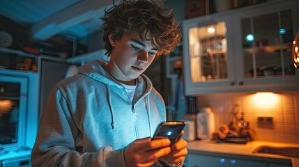 A tech-savvy teenager using a smartphone app to control home automation devices and monitor energy consumption
