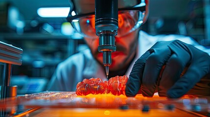 Close-up of a scientist using a 3D bioprinter to create artificial organs with bio-compatible materials in a lab setting