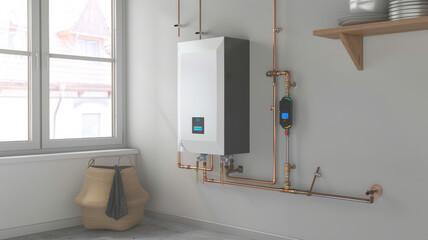 Bright and clean utility room with a wall-mounted boiler, copper piping, large window, and organized shelves, exuding efficiency and modernity.