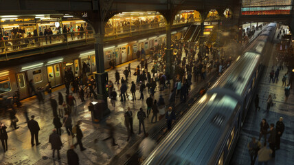 Obraz premium A busy train station filled with a large crowd of commuters and a moving train, creating a sense of movement and urban life.