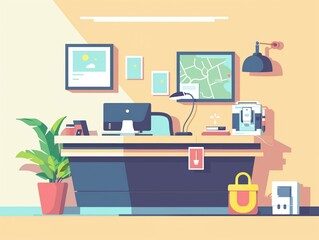 Hotel bell desk, assisting guests, flat design illustration