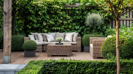 Patio with tall bushes creating a private and cozy space around the wicker sofa and low table. generative ai