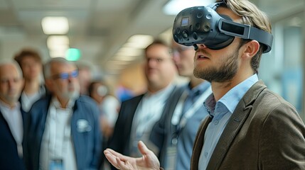 A young entrepreneur presenting a virtual reality training simulation for industrial safety practices to a group of investors