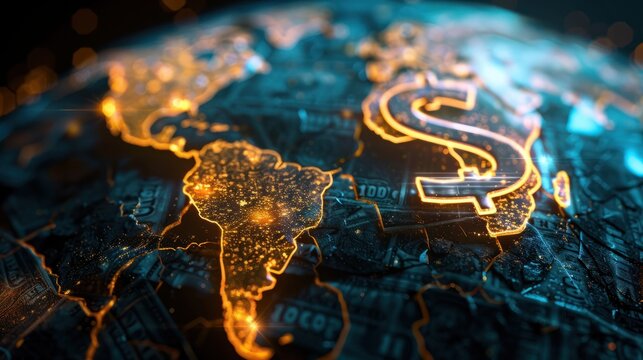 Glowing dollar sign on a cracked financial world globe, representing economic crisis and unstable markets with futuristic elements.