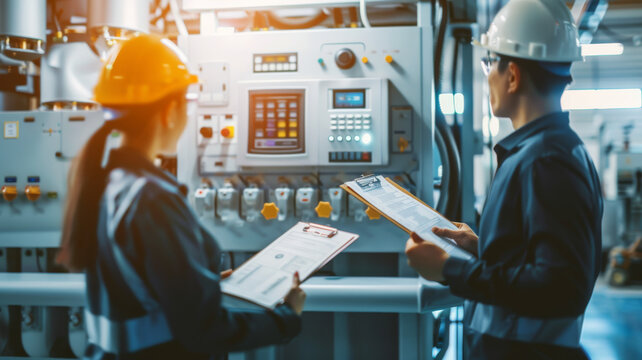 Two factory workers in helmets and vests overseeing control panels and discussing operations in a highly technical industrial setting.