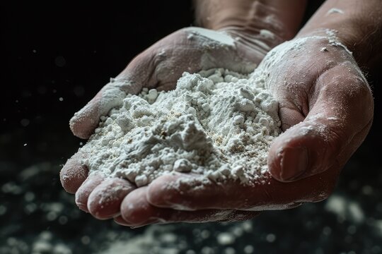 White Gypsum Powder in Hands, Clay or Diatomite Isolated, Hands Hold Powdered Chemicals, AI