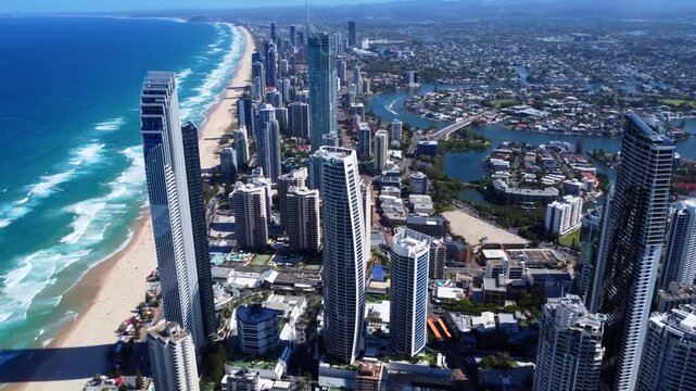 Aerial view of Queensland Australia Beach and skyscrapers drone video