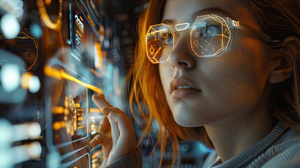 Close-up of a woman using a transparent digital tablet with augmented reality interface for remote collaboration