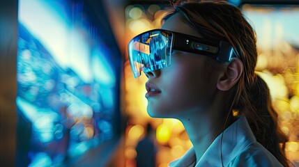 A young woman wearing smart glasses with augmented reality overlays, exploring a virtual museum exhibit