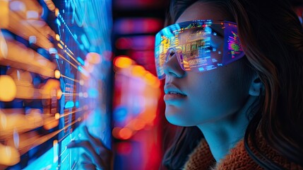 A young woman wearing smart glasses with augmented reality overlays, exploring a virtual museum exhibit