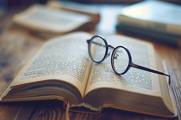 Open book with glasses on wooden surface