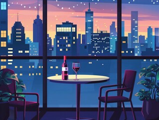 Hotel rooftop lounge, city view, flat design illustration