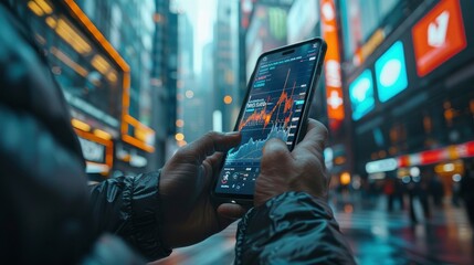Close-up of a businessman using a transparent smartphone with augmented reality for real-time stock market analysis