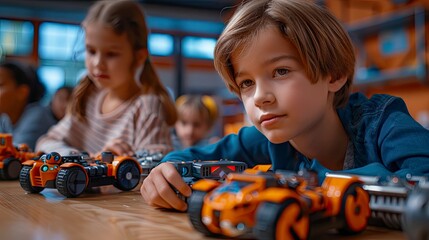 A group of children coding and programming robots in a classroom equipped with STEM learning tools
