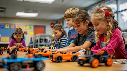 A group of children coding and programming robots in a classroom equipped with STEM learning tools
