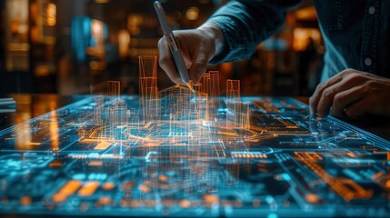 An architect using a digital pen and tablet to sketch architectural designs with augmented reality overlays