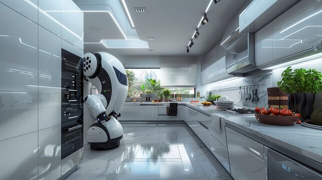 A futuristic kitchen with robotic chefs preparing gourmet meals and smart appliances managing food inventory