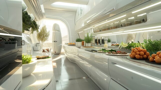 A futuristic kitchen with robotic chefs preparing gourmet meals and smart appliances managing food inventory - Powered by Adobe