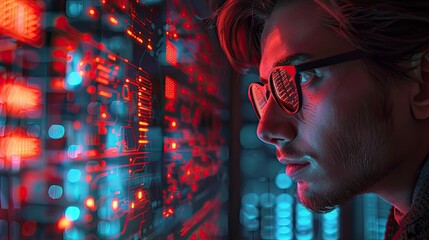 Close-up of a cybersecurity analyst investigating a digital security breach on a network server with threat detection software