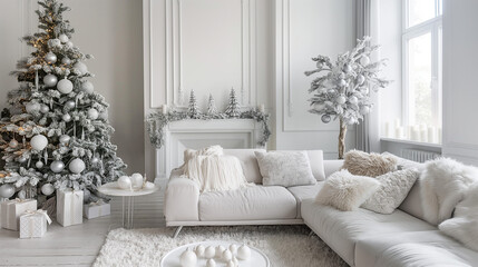 Fototapeta premium Elegant Christmas Scandinavian minimalistic interior with white decorations 