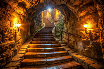 Ethereal stone staircase ascends mysteriously from darkness, spiral rails vanish into the shadows, surrounded by ancient rugged cave walls and flickering torchlight ambiance.