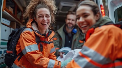 Obraz premium A woman in an orange jacket is smiling at the camera. She is holding a white object in her hand