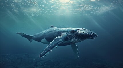 Fototapeta premium Lonely humpback whale swimming in the vast ocean, whale, humpback, mammal, ocean, solitude, peaceful, majestic, marine, wildlife
