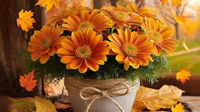 Autumn bouquet of bright flowers helenium autumnale in a vintage pot concept for autumn background