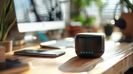 A Black Speaker on a Wooden Desk