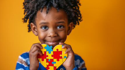 Photo of beautiful and joyful black child showing off their heart shaped jigsaw puzzle, autism awareness, ASD,  landscape format 16:9 with copy space