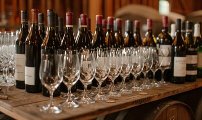 Elegant Wine Tasting Event Featuring Rows of Wine Glasses and Bottles of Red and White Wine, Creating a Sophisticated Experience with a Sommelier, Perfect for High-End Business Gatherings and 4K High-