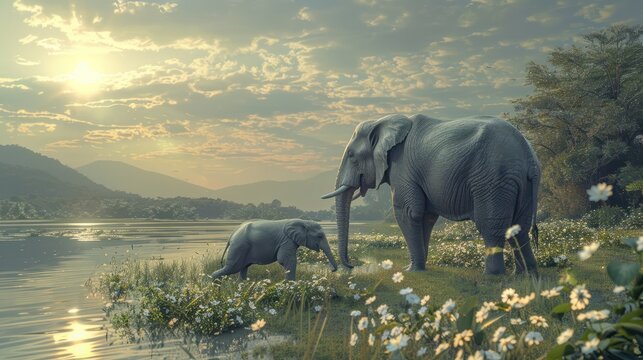 Mother elephant with her calf walking through a picturesque meadow by the water. tranquil wildlife scene in a serene setting. AI