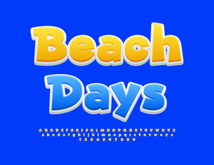 Vector travel flyer Beach Days. Sunny Yellow Font. Artistic style Alphabet Letters, Numbers and Symbols set.