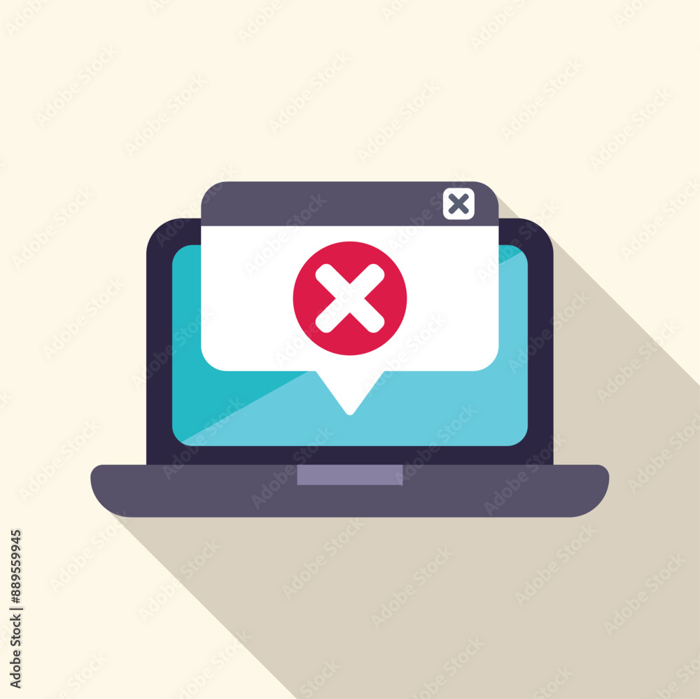 Poster modern laptop is showing an error message with a cross mark symbol, indicating a problem or issue