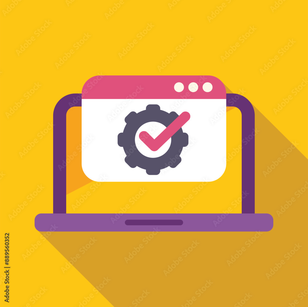 Poster laptop is showing a software update availability with a cogwheel and check mark icon