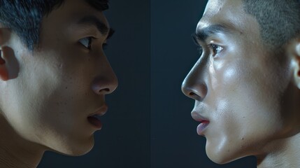 Obraz premium Side view of Asian men's faces facing each other. Confrontation between two people, conflict