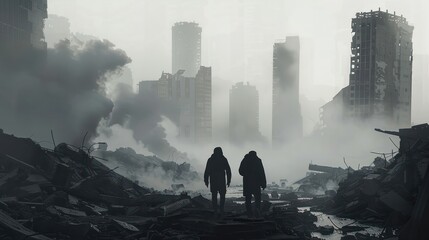 Silhouetted figures wander through a dystopian landscape of urban destruction and smoke