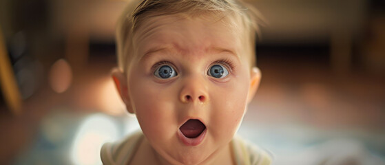 Wide-eyed baby with a surprised expression, bright blue eyes focused intently, suggesting curiosity and wonder.