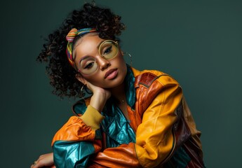 A black woman with retro 80's style in 1980s vintage fashion portrait. It's an Stock image.