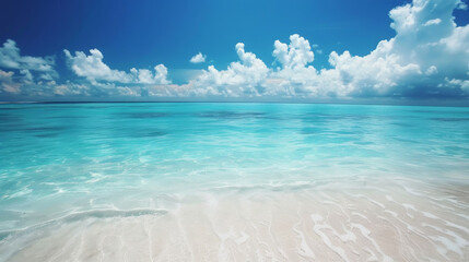 Serene beach with turquoise waters and white sandy shore. . Blue sky and white clouds background. Travelling and relax concept. Generative AI.