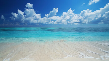 Paradise  view of a pristine beach with turquoise clear blue waters . Blue sky and white clouds background. Travelling and relax concept. Generative AI. 