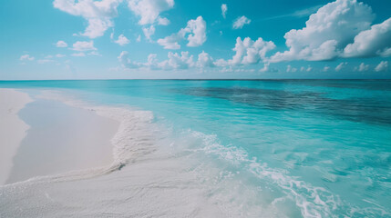 Tropical background with serene blue water and white sandy beach. Blue sky and white clouds. Perfect retreat and travell concept. Summer vibes. Generative AI. 