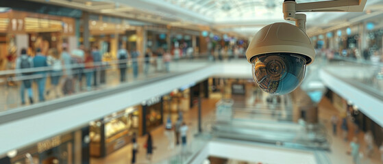 Obraz premium Close-up of a security camera overlooking a bustling, modern shopping mall with multiple floors and shoppers moving about.