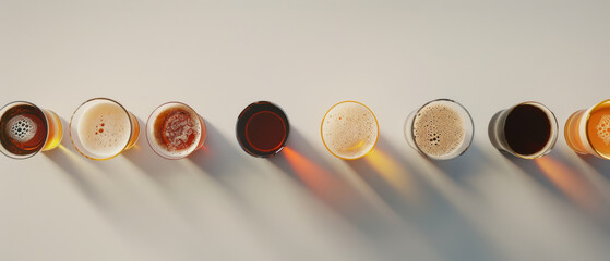 A lineup of ten beer glasses on a soft-colored surface, artistically arranged with various shades of amber and gold, illuminated by natural light.