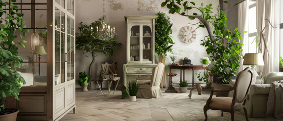 Fototapeta premium A serene, sunlit room filled with lush, green plants, vintage furniture, and soft, natural light pouring through the windows.